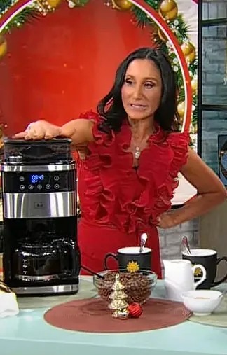 CBS Mornings December 2025 Elizabeth Werner Red Ruffle Jumpsuit