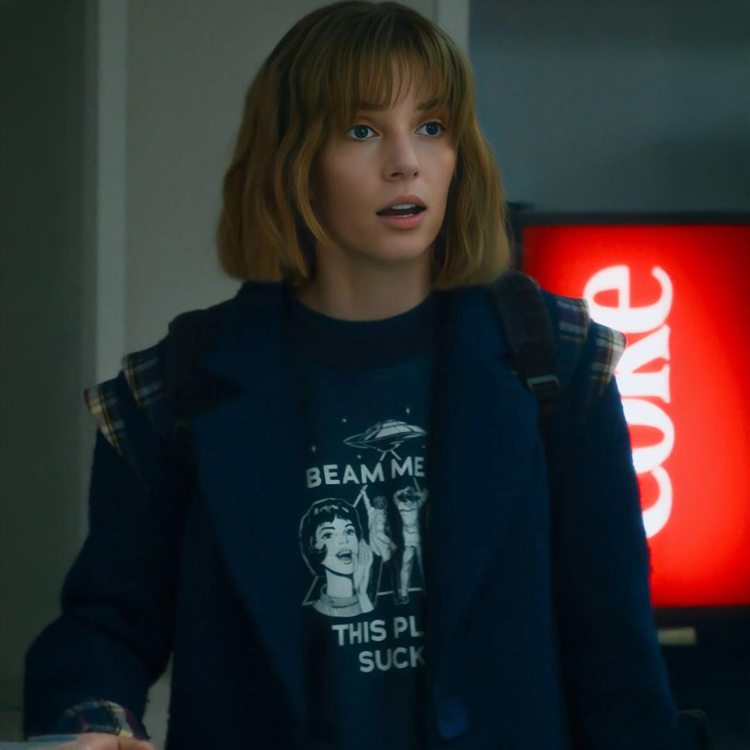 Stranger Things Season 05 Episode 01 Maya Hawke Oversized Fleece Sweatshirt