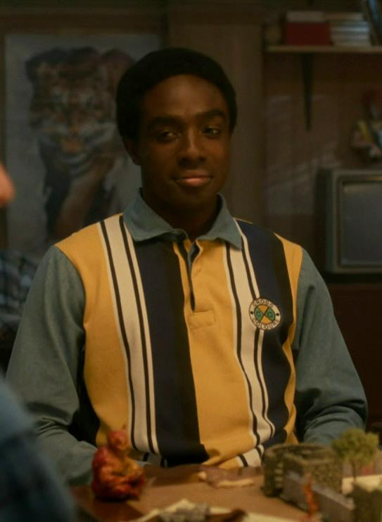 Stranger Things Season 05 Episode 08 Caleb McLaughlin Striped Polo Top